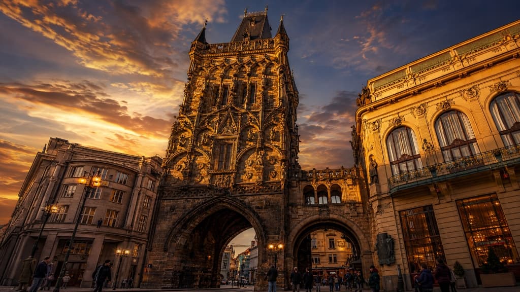 The Powder Tower and historic Municipal House in Prague under a dramatic golden sunset sky