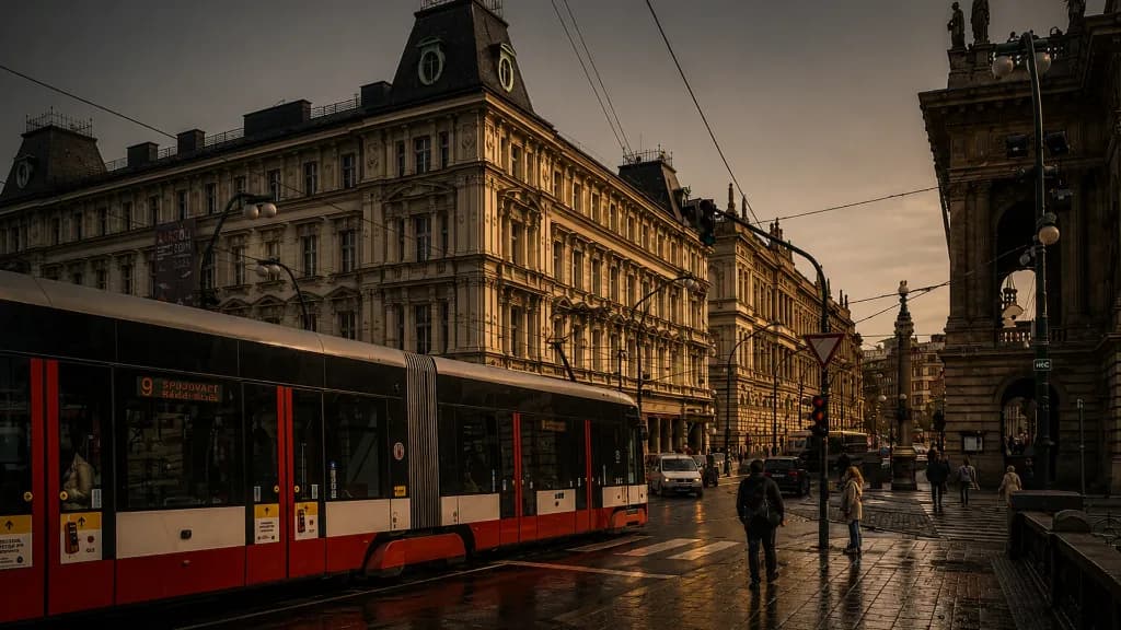 Prague city tram passing classic architectural square at dusk representing daily active community presence