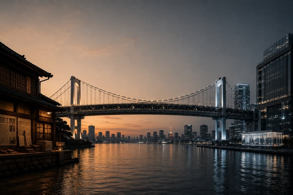 Tokyo Rainbow Bridge spanning Tokyo Bay at sunset with Tokyo Tower and waterfront workshop