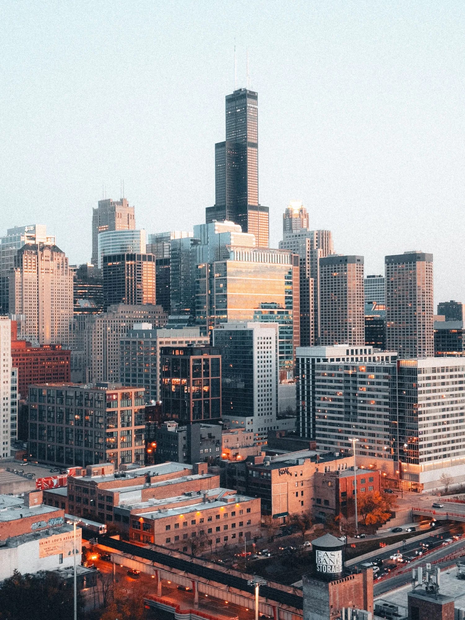 Chicago riverfront architecture and skyline under a warm glow