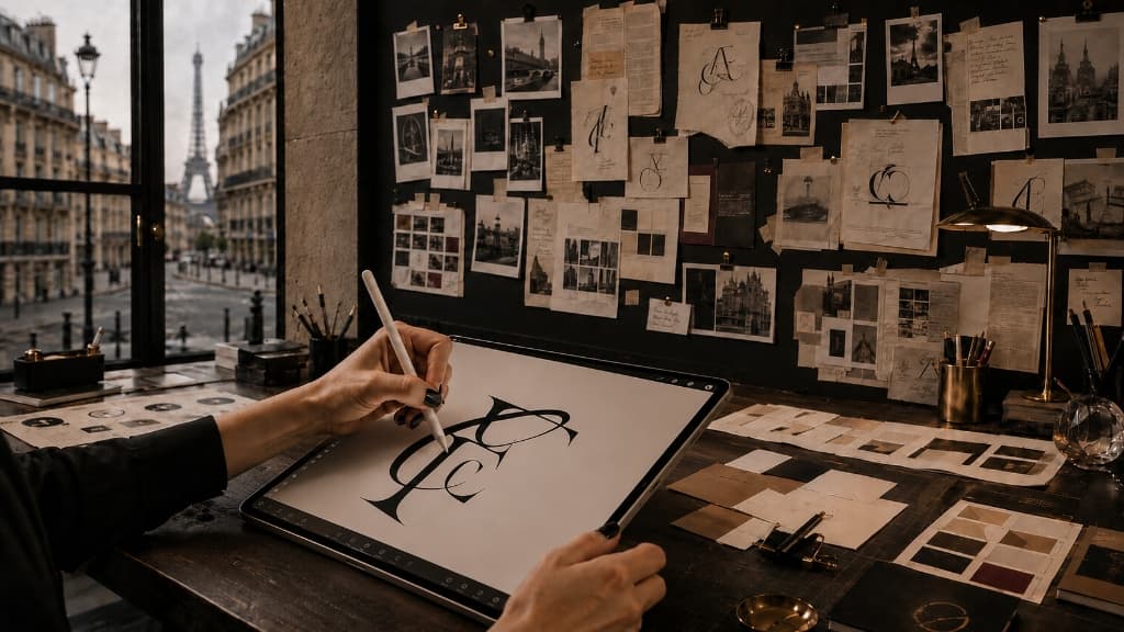 Designer sketching Creative Forge Digital monogram on iPad Pro in a Parisian atelier overlooking the Eiffel Tower