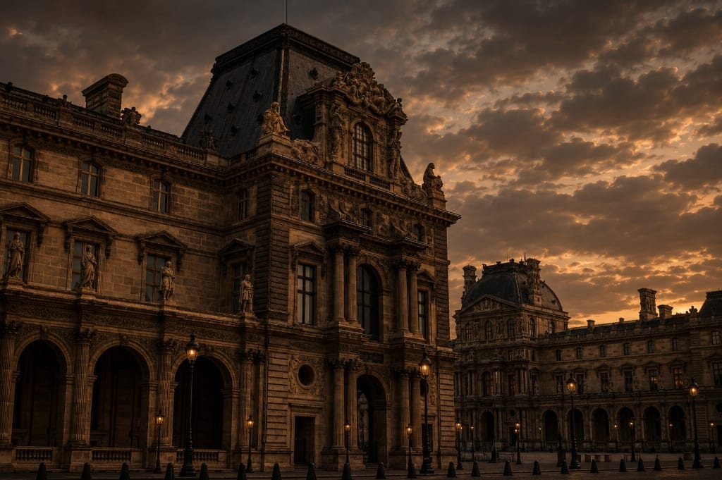 Grand Louvre Palace classical facade in Paris at golden dusk