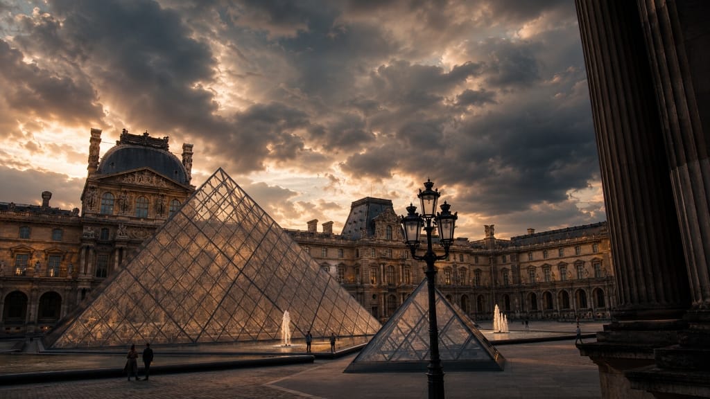 The Louvre glass pyramid and palace courtyard in Paris at sunset