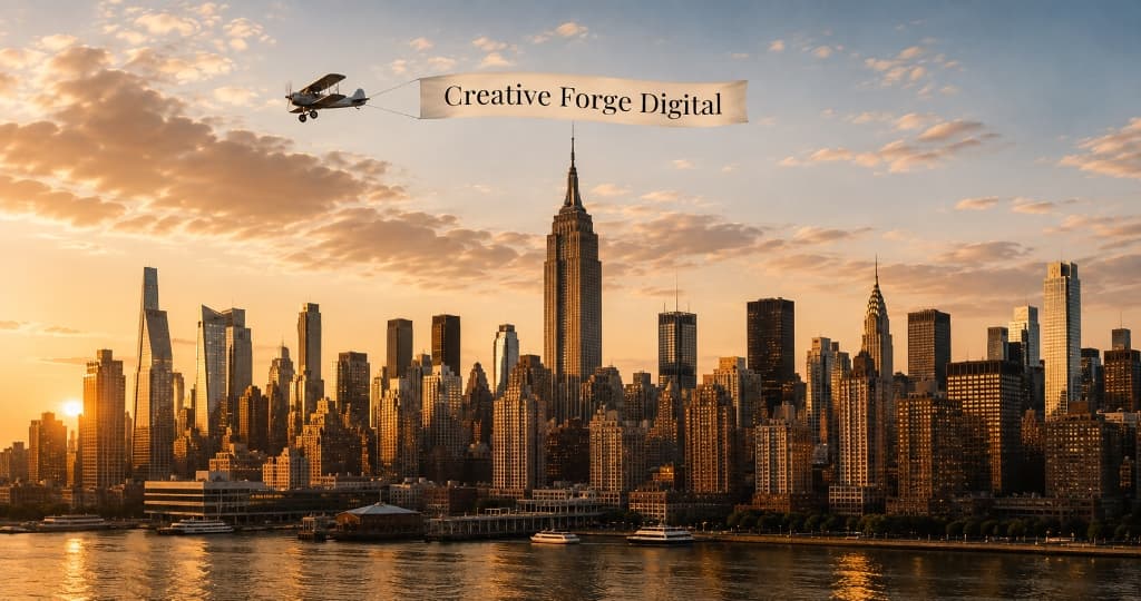 Creative Forge Digital airplane banner flying over New York skyline sunset