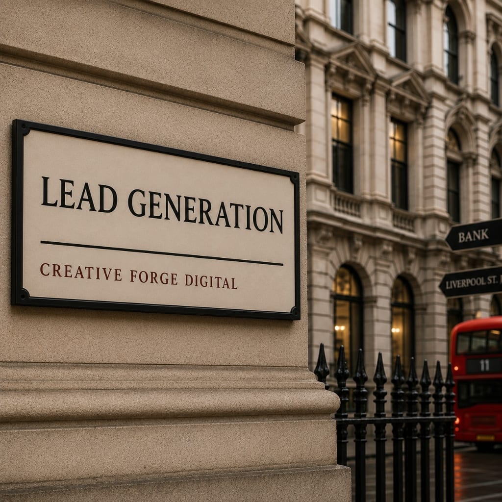 Lead Generation plaque on stone architectural facade in London with red bus