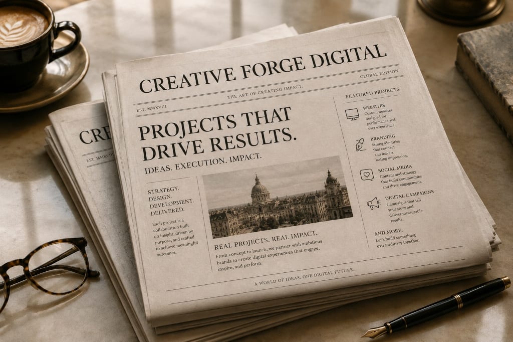 Creative Forge Digital newspaper spread with fountain pen and coffee on marble table