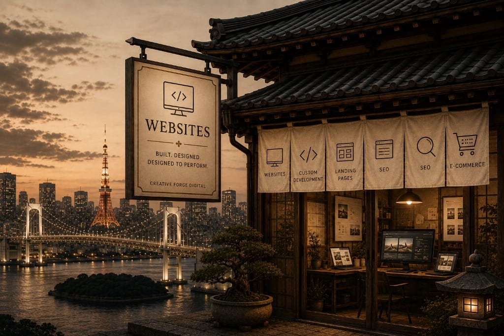 Creative Forge Digital Tokyo Websites workshop with glowing lantern sign and Rainbow Bridge view
